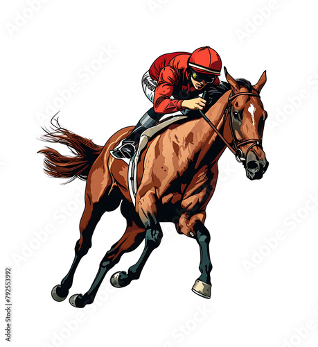 Jockey in red riding a galloping chestnut racehorse, illustrated in a detailed and dynamic vector style. Generative AI © Anasvectorpng