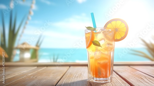 Refreshing Summer Cocktail on Wooden Table with Tropical Background