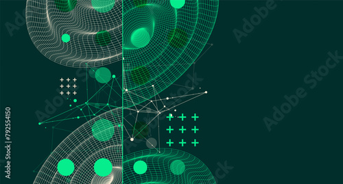 Template for science and technology presentation. Wireframe waves. Plexus style background.