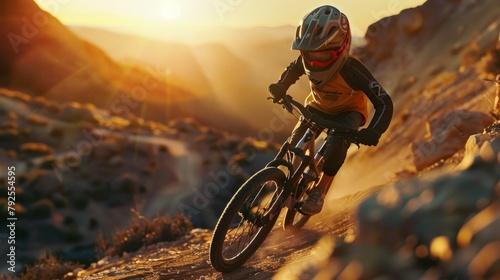 Young Mountain Biker Conquering the Desert Terrain at Sunrise. Generative ai