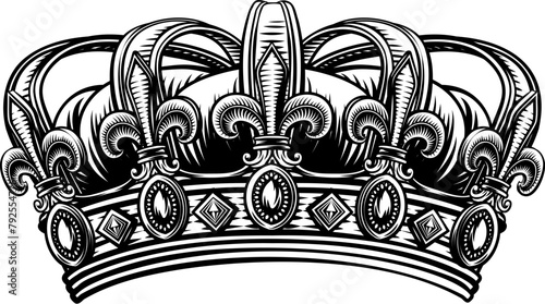 A royal crown heraldic heraldry design element in a vintage woodcut etching illustration crest or coat of arms style