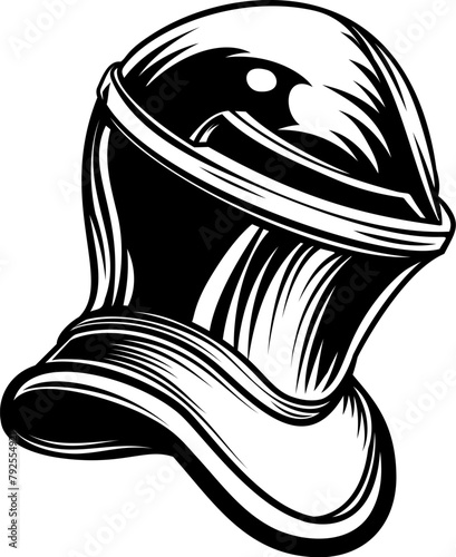 A knight or Templar helmet coat of arms crest heraldry or heraldic design element in an etching vintage woodcut illustration style