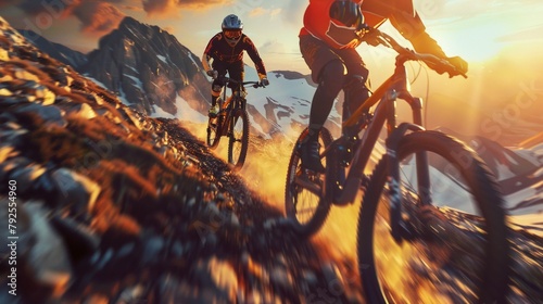 Adrenaline-Fueled Mountain Biking on a Rugged Alpine Trail at Sunset. Generative ai photo