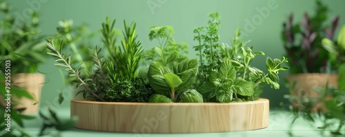 Fresh aromatic herbs in wooden planter on soft green background