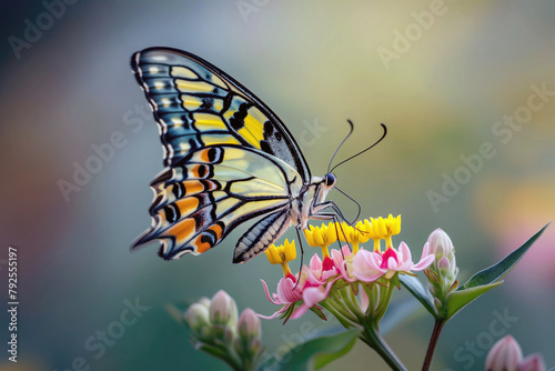 Lost in the dreamlike splendor of a butterfly on blooming petals in soft focus.