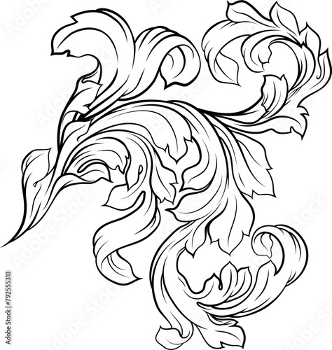 A filigree floral heraldic heraldry crest or coat of arms design element in a vintage woodcut etching illustration style