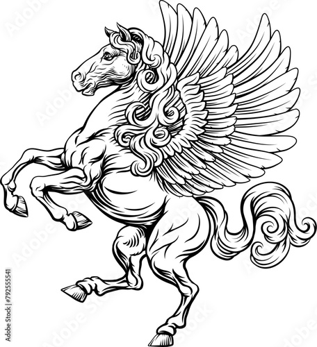 Pegasus winged flying horse mythological animal from Greek myth. For a crest in rampant pose. Heraldic coat of arms heraldry design element in a vintage illustration style.