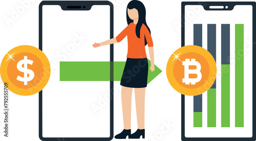 The girl is converting dollars to bitcoins.