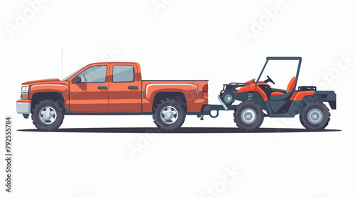 Pickup car tows a trailer with a ATV. Vector flat style