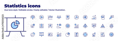 Statistics icons collection. Duo tone style. Editable stroke, statistics, stats, suitcase, time to market, timeline, pie chart, program, research.