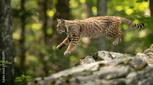 Bobcat leaping from rock to rock through forest