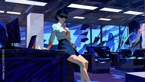 Businesswoman in glasses sitting in office. Corporate business people concept in dark blue pallet. AI generated illustration in pop art style.