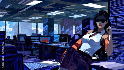 Businesswoman in glasses sitting in office. Corporate business people concept in dark blue pallet. AI generated illustration in pop art style.