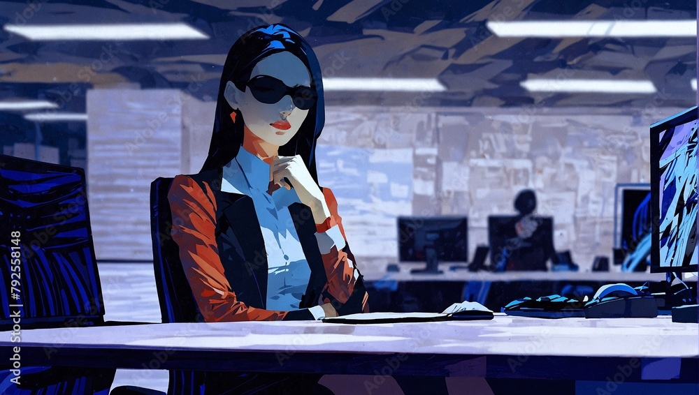 Businesswoman in glasses sitting in office. Corporate business people concept in dark blue pallet. AI generated illustration in pop art style. Businesswoman in glasses sitting in office. Corporate business people concept in dark blue pallet. AI generated illustration in pop art style.
