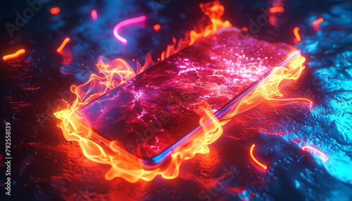 Fireflame on screen from mobile phone lies on table,neon lights,black background,generative ai photo