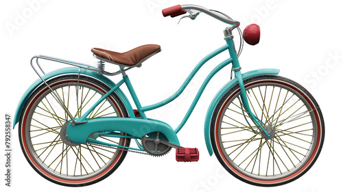 Vintage style turquoise bicycle with brown seat and grips, red pedals, and a rear fender rack.