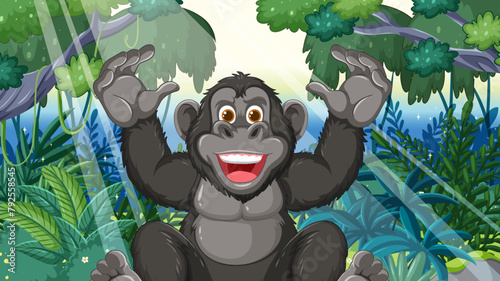 Happy gorilla with raised hands in a forest