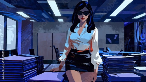 Businesswoman in glasses standing in office. Corporate business people concept in dark blue pallet. AI generated illustration in pop art style.