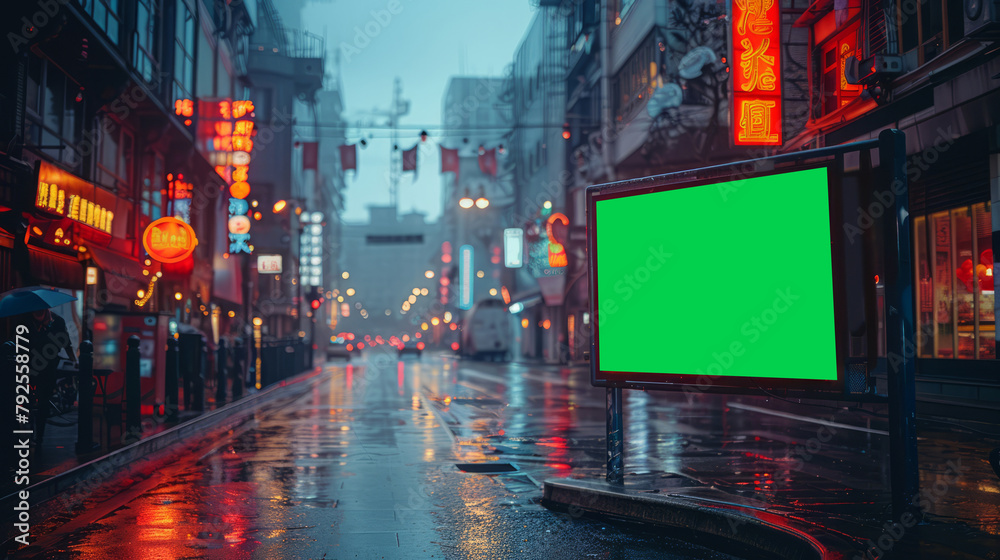 Digital ad for mock up. green screen. In street at night,generative ai
