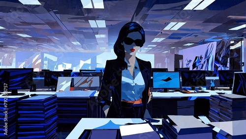 Businesswoman in glasses sitting in office. Corporate business people concept in dark blue pallet. AI generated illustration in pop art style.