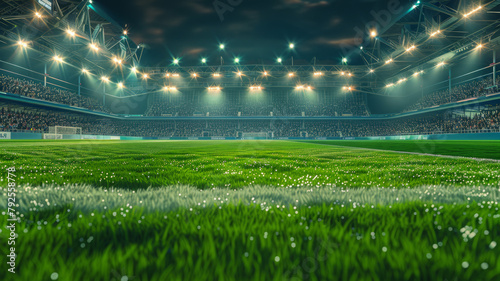 3D Rendering of soccer sport stadium, green grass during night match, Ai © SAHURI