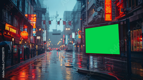 Digital ad for mock up. green screen. In street at night,generative ai photo
