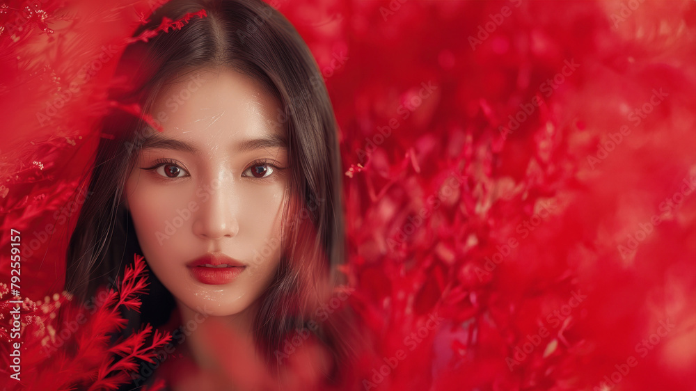 A portrait of a stunning young woman surrounded by bright red foliage, evoking a sense of autumn and beauty