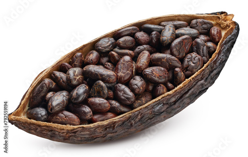 Cocoa pod and cocoa beans on a white background. Cocoa bean with clipping path