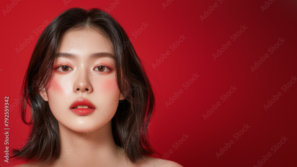 An intimate close-up shows a fresh faced woman with delicate makeup and red highlights An intimate close-up shows a fresh faced woman with delicate makeup and red highlights