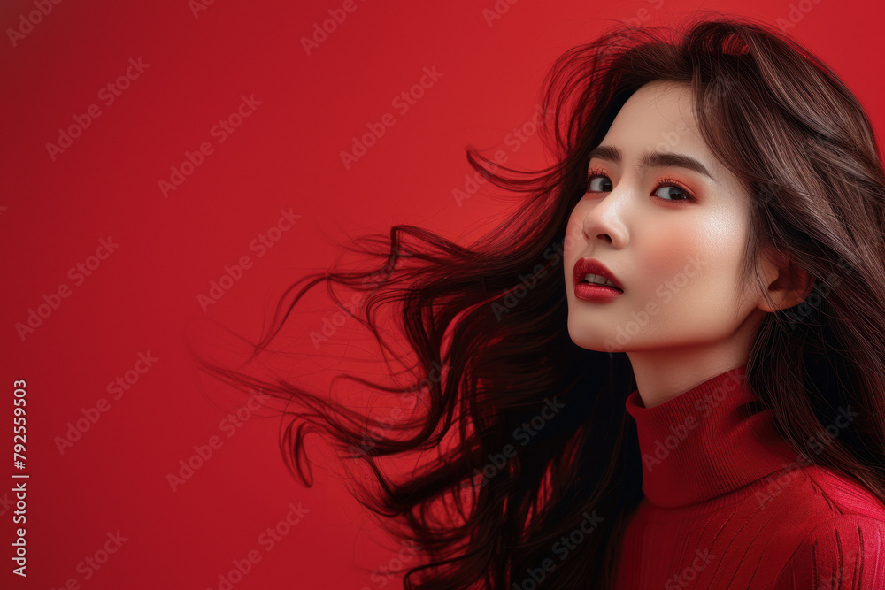 Attractive young woman with red lipstick and flowy hair against a red backdrop Attractive young woman with red lipstick and flowy hair against a red backdrop