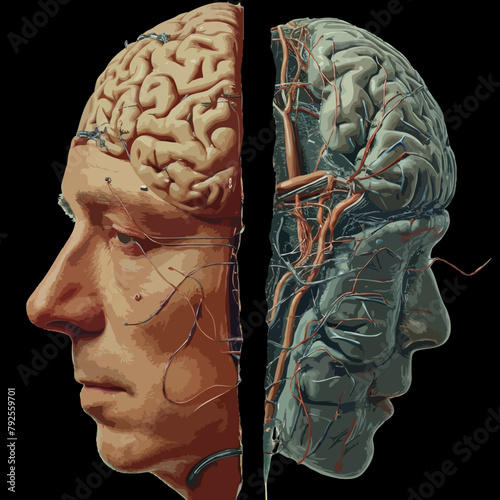 Vector Illustration zweier gegensätzlichen Gesichtshälften. Psychische Demenz und Alzheimer-Krankheit.  Männliches Porträt. Komplexität des Gehirns. Mentale Prozesse.