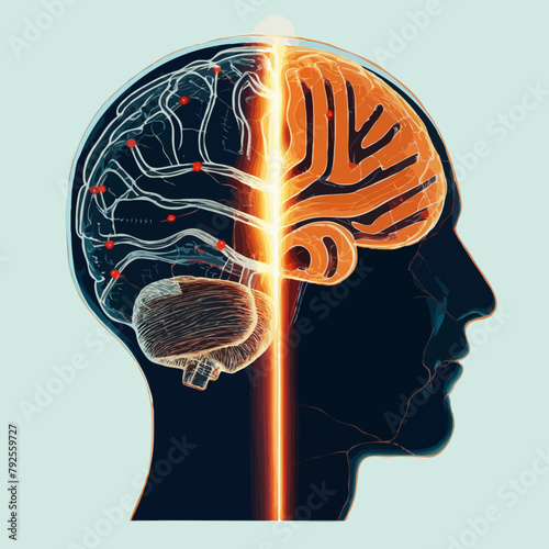 Vector Illustration der psychische Demenz und Alzheimer-Krankheit.  Männliches Porträt. Komplexität des Gehirns. Mentale Prozesse.