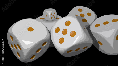 6 weiße Spielwürfel mit goldenen Punkten.