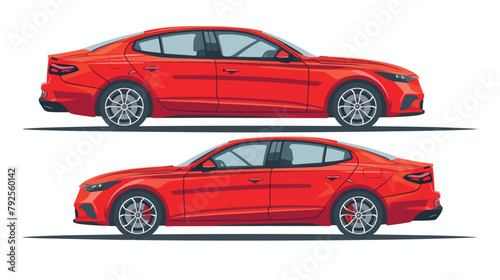 Red sport sedan two angle set. Car with driver woman