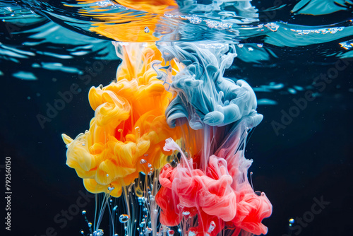 Colorful splashy painting in blue yellow and pink is created by dropping colored paints into vase of water. photo