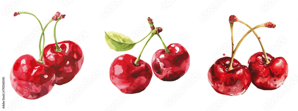 Set of watercolor ripe red cherries png. Ripe cherry and cherry bunch, set of delicious healthy red berries with green leaves, flavored delicious dessert, isolated vector graphics Set of watercolor ripe red cherries png. Ripe cherry and cherry bunch, set of delicious healthy red berries with green leaves, flavored delicious dessert, isolated vector graphics