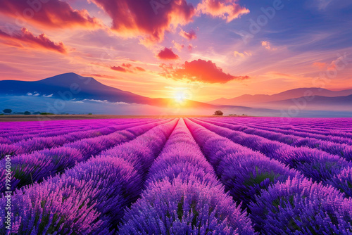 Field of purple flowers with sunset in the distance. photo