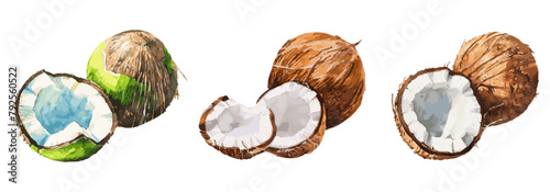 Set of watercolor coconuts. Whole and split coconut halves on a transparent background. Organic and delicious food. Vegetarian food. Tropical fruit.