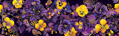 Yellow and purple violet flowers on a black background. Colorful illustration, banner with floral pattern. Floral background. Motif for design of packaging, textiles, paper for decoupage