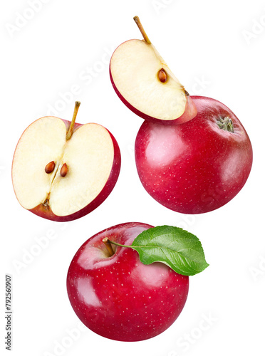 Red apple collection isolated on white background. Fresh apple leaf. Clipping path apple. Red apple macro studio photo