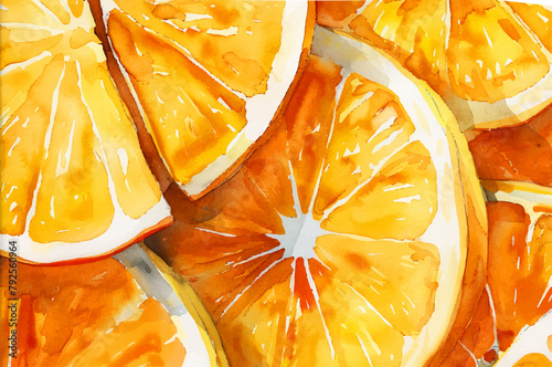 Watercolor background of juicy slices of oranges. Watercolor orange. Vector illustration.