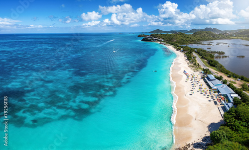 Fototapeta Naklejka Na Ścianę i Meble -  Aerial view of the beautiful Darkwood Beach at the Caribbean island of Antigua with turquoise sea and fine sand