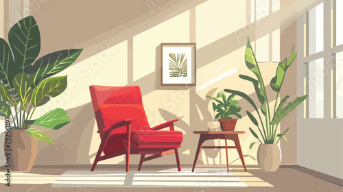 Retro interior. Living room with red chair coffee tab
