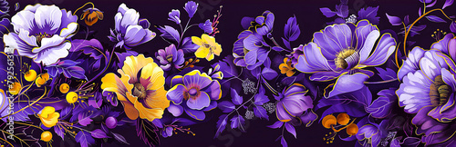 Yellow and purple violet flowers on a black background. Colorful illustration, banner with floral pattern. Floral background. Motif for design of packaging, textiles, paper for decoupage