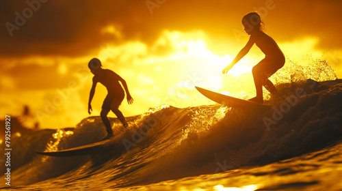 Against the backdrop of a radiant sunset, two young surfers embrace the thrill of the waves, the golden hues reflecting off the water as they ride, their exhilaration evident in their dynamic body lan © Tahsin