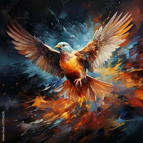 Flying bird with open wings and spread wings on abstract colorful background.