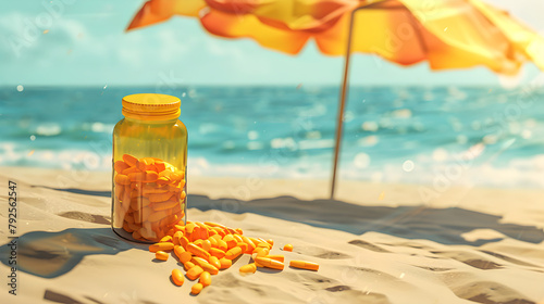 On the beach with a yellow umbrella, a bottle containing pills and supplements, a medical solution intended for skin protection, a healthcare concept. generative AI