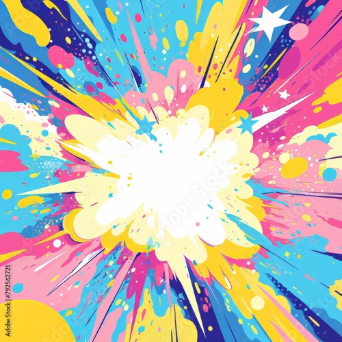 Comic art style exploding pop frame background illustration with copy space. Colorful comic pop art boom explosion background sign frame in bright colors. Generative ai