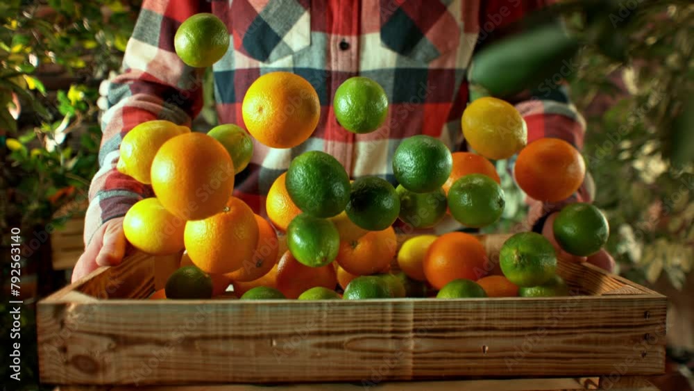 Super Slow Motion Shot of Citrus Fruits Falling into Wooden Box Held by a Farmer at 1000fps. Super Slow Motion Shot of Citrus Fruits Falling into Wooden Box Held by a Farmer at 1000fps.