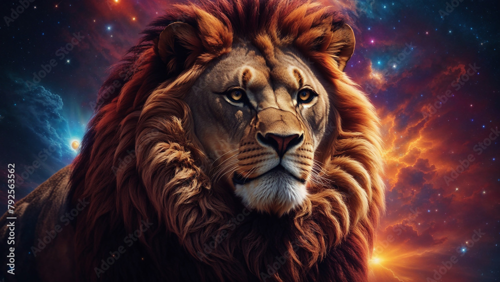 A lion is standing on a rock in front of a starry background. The lion is in the foreground and is facing the viewer. The background is a dark blue night sky filled with stars and a red nebula.

